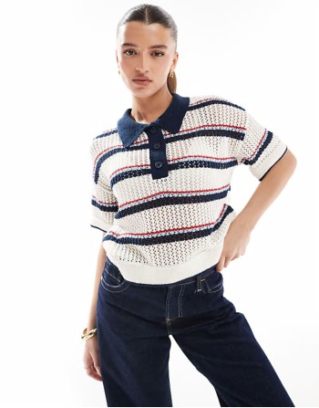 knitted short sved polo top in multi stripe