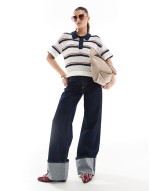 knitted short sved polo top in multi stripe