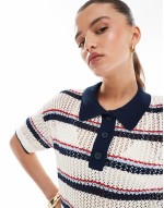 knitted short sved polo top in multi stripe