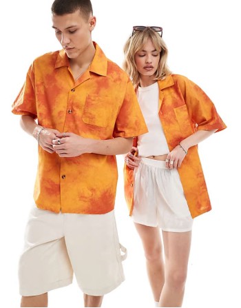 Big Discount Unisex oversized revere shirt in orange tie dye