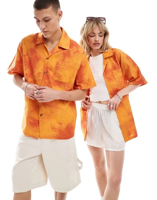 Big Discount Unisex oversized revere shirt in orange tie dye