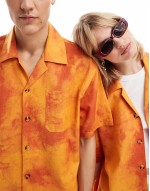 Big Discount Unisex oversized revere shirt in orange tie dye