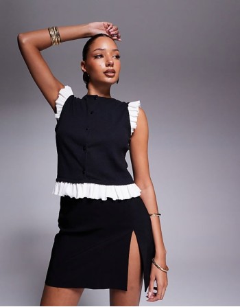 mini rib monochrome button through top with frill shoulder in black