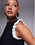 mini rib monochrome button through top with frill shoulder in black