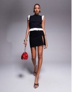 mini rib monochrome button through top with frill shoulder in black