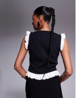 mini rib monochrome button through top with frill shoulder in black