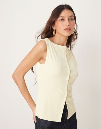 slash neck button through longline rib top in yellow