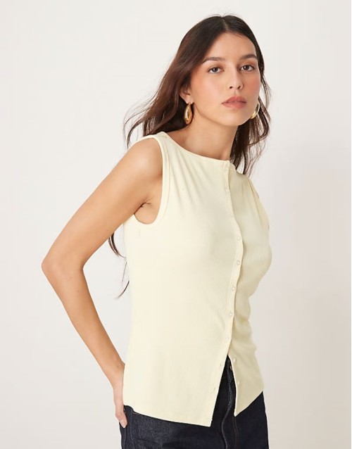 slash neck button through longline rib top in yellow