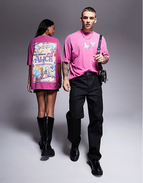 Disney unisex oversized t-shirt with Alice in Wonderland prints in washed pink