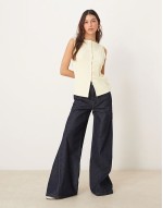 slash neck button through longline rib top in yellow