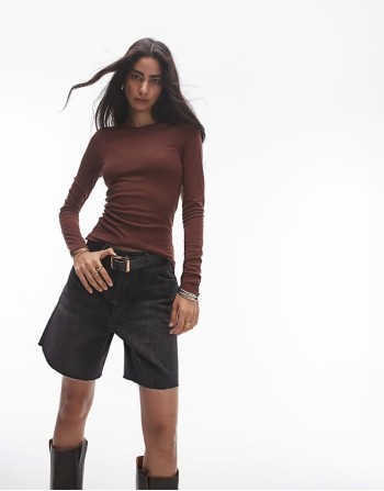 premium sheer crew neck long sve top in burgundy