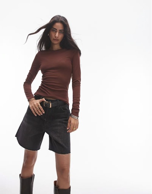 premium sheer crew neck long sve top in burgundy