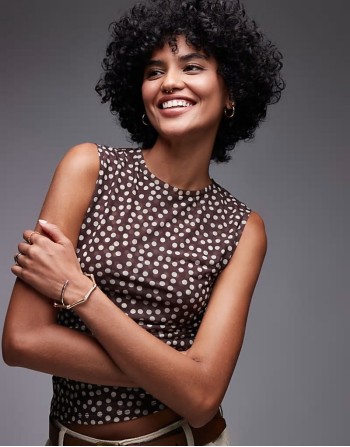 ruched polka dot top in brown