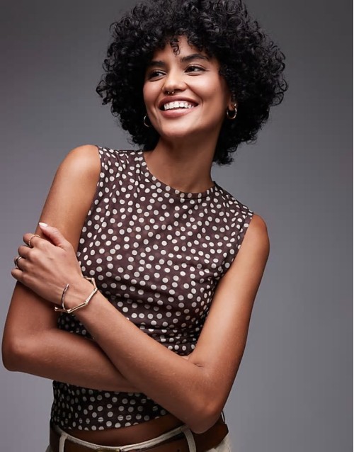 ruched polka dot top in brown