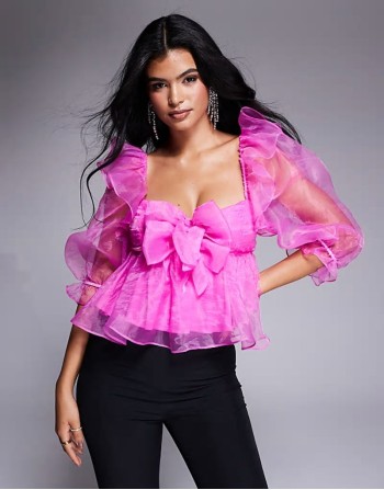 organza babydoll top with bow details in hot pink