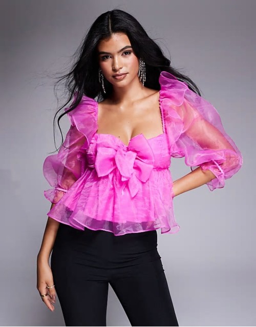 organza babydoll top with bow details in hot pink