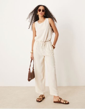 linen puffball tank co-ord in cream - CREAM