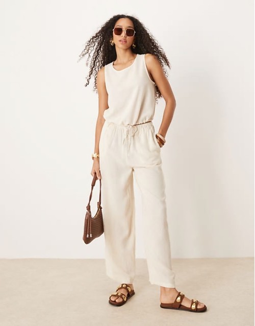 linen puffball tank co-ord in cream - CREAM