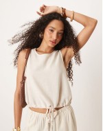 linen puffball tank co-ord in cream - CREAM