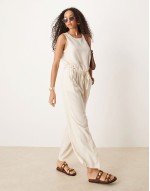 linen puffball tank co-ord in cream - CREAM