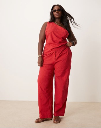 Curve tailored flower textured off the shoulder top and trousers co-ord in red