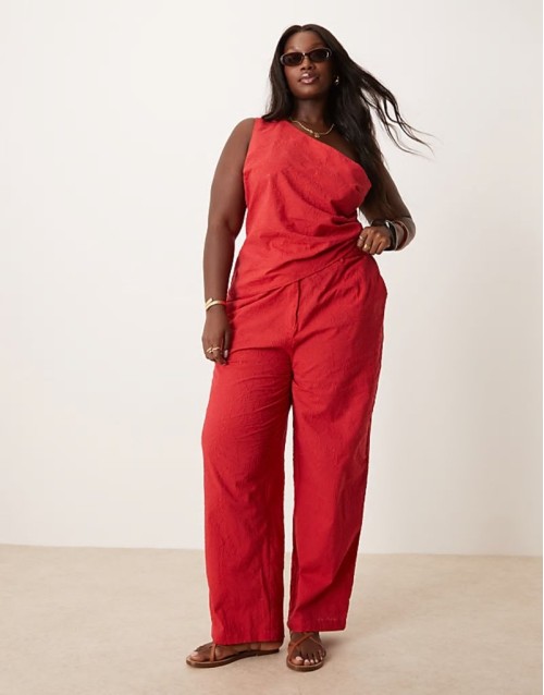 Curve tailored flower textured off the shoulder top and trousers co-ord in red