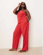 Curve tailored flower textured off the shoulder top and trousers co-ord in red