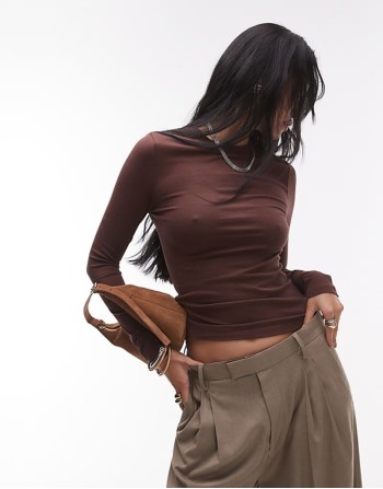 soft long sve jersey top in brown