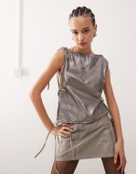 Premium co-ord slash neck top and wrap skirt in metallic silver