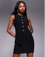co-ord ribbed longline button through v neck waistcoat top and mini skirt in black