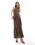 pleated knit maxi dress with asymmetric drop waist and fluted hem in brown