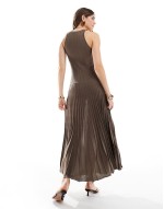 pleated knit maxi dress with asymmetric drop waist and fluted hem in brown