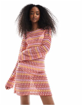 crochet long sve mini dress in red and orange stripe