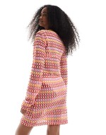 crochet long sve mini dress in red and orange stripe