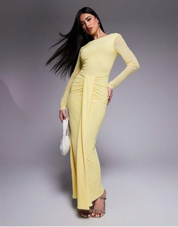 mesh long sve slash neck open back maxi dress with sash in pastel yellow