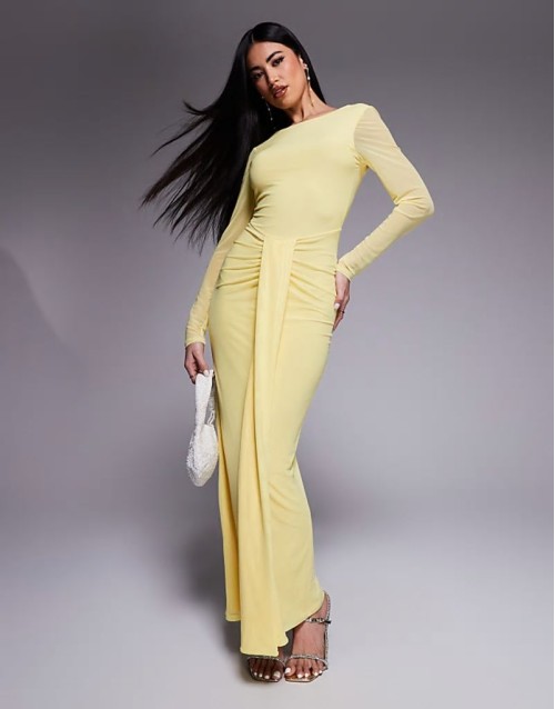 mesh long sve slash neck open back maxi dress with sash in pastel yellow