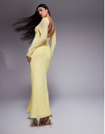 mesh long sve slash neck open back maxi dress with sash in pastel yellow