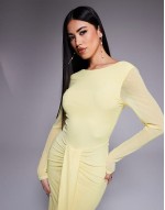 mesh long sve slash neck open back maxi dress with sash in pastel yellow
