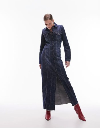 denim stretchy maxi shirt dress in indigo