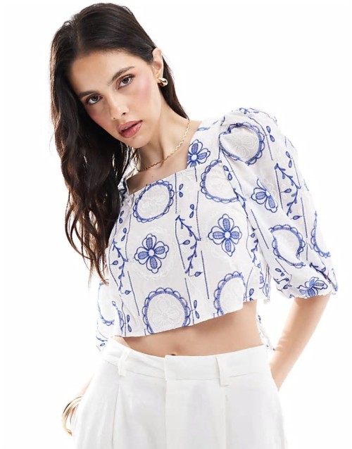 cropped embroidered woven top with tie back in white