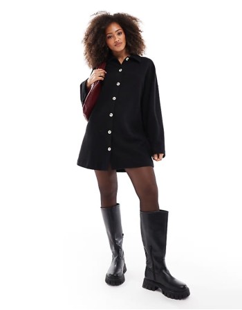 supersoft collared button down cardigan mini dress in black