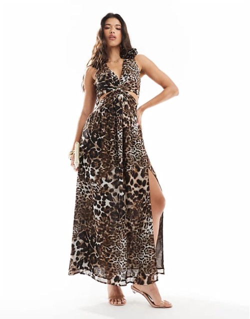 corsage shoulder maxi dress in leopard