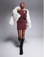 long sve ruched side mini dress in burgundy