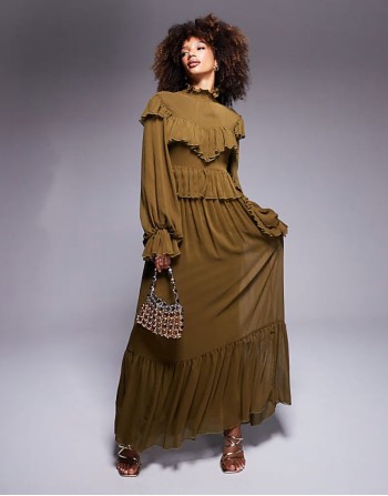 high neck chiffon ruffle  maxi dress in olive