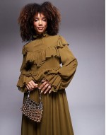 high neck chiffon ruffle  maxi dress in olive