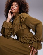 high neck chiffon ruffle  maxi dress in olive