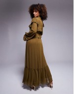 high neck chiffon ruffle  maxi dress in olive