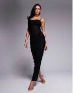 exclusive lace corset detail cami maxi dress in black
