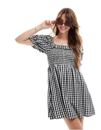 shirred mini dress in black gingham