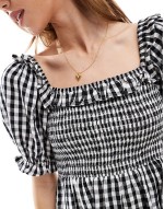 shirred mini dress in black gingham
